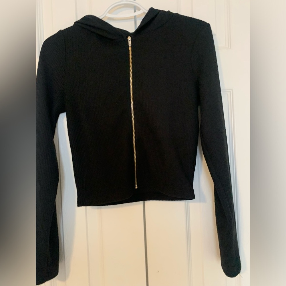 Black Zip-Front Ribbed Long Sleeve Hoodie Top